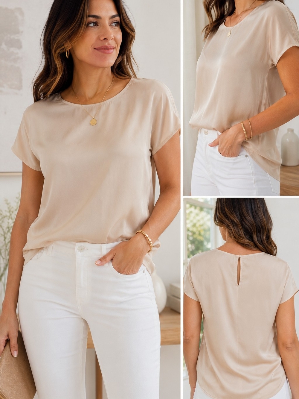 Cuyana 100% Silk Blouse Beige Short SleeveClassic Short-Sleeve Satin Top - Beige